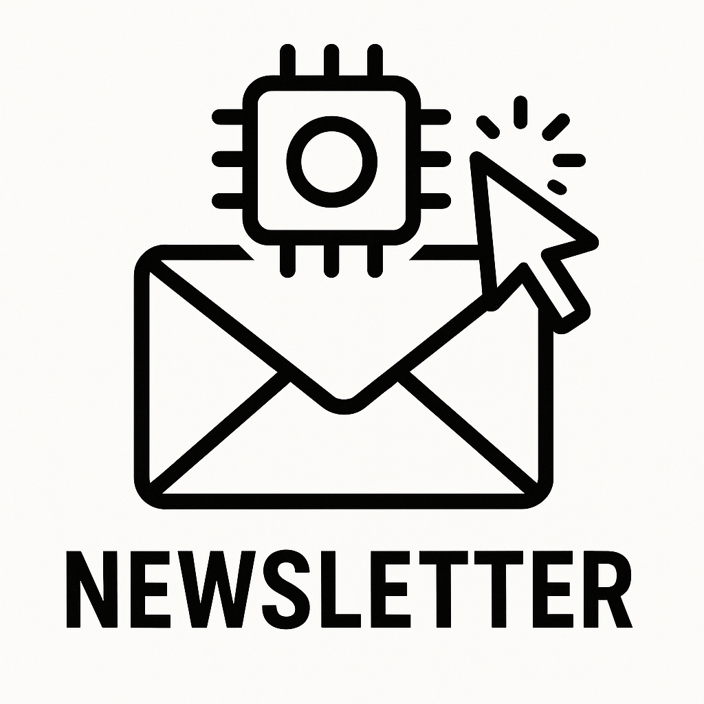 Das Newsletter Logo mit einem Briefumschlag, einem stilisierten Mikrochip und einem MAuscursor